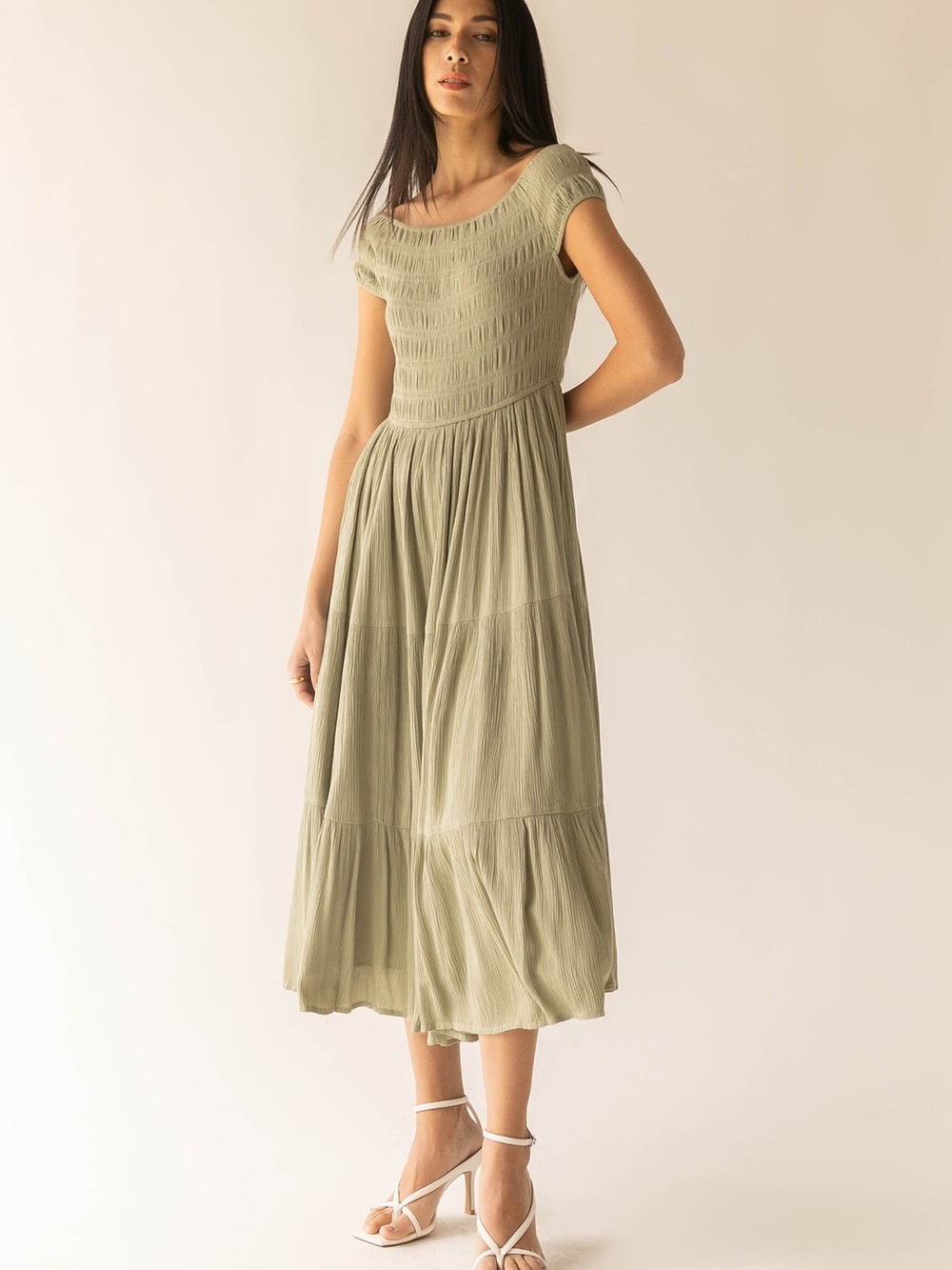 OAK + FORT Olive Green Smocked Midi Dress